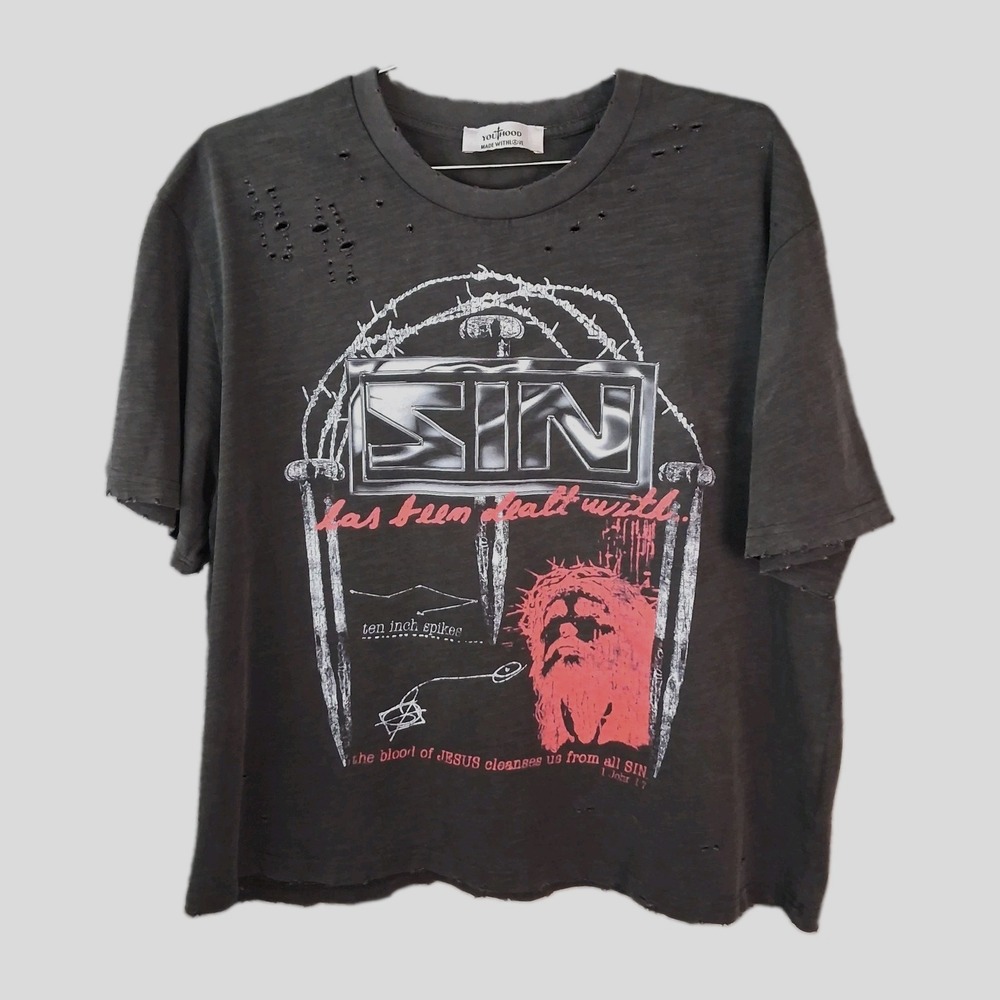Vtg 90s SIN Jesus Parody Ten Inch Spikes Women LRG' Religious Distressed T Shirt